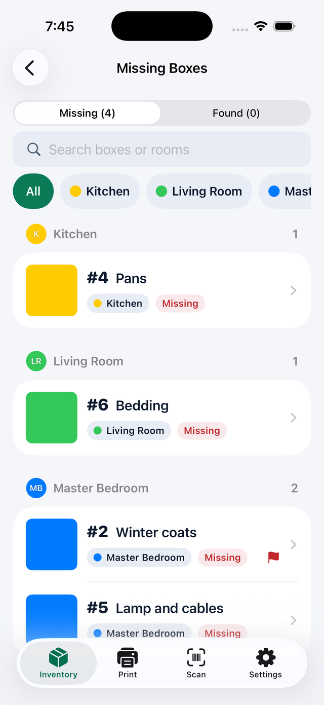Lading's missing boxes list, grouped by room