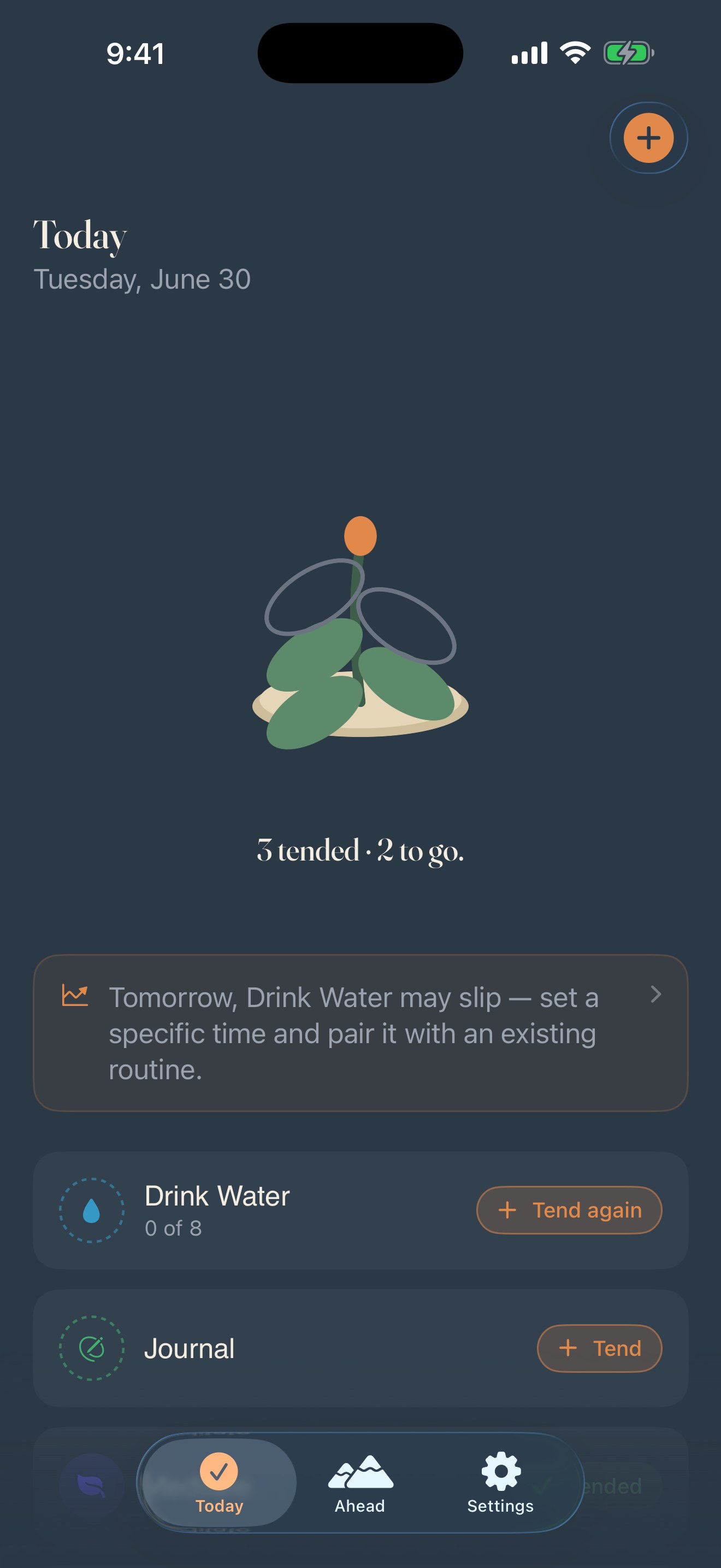 Loam's Today screen: a small plant, a count of habits tended, and the day's habits to tend